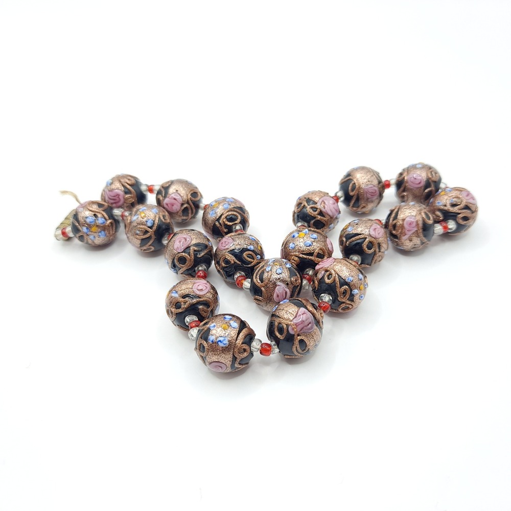Vintage Wedding Cake Bead Necklace Millefiori Glass Goldtone Black Pink 15" READ - Picture 6 of 14